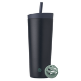 Full view of the BlenderBottle 2-in-1 Shaker Tumbler, showcasing the blue-black bottle with a green BlenderBall on the side for smooth mixing. | Color#Midnight